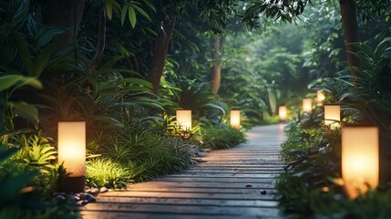 Obraz premium Serene Pathway Illuminated by Lanterns in Nature