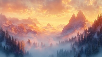 Majestic sunset over snow-capped mountains and misty forest.