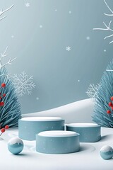 Blue winter podium background with tree and snow for product display presentation