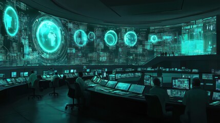 Obraz premium A futuristic control room with glowing screens displaying global data and analytics.