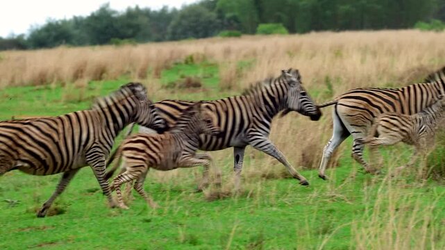 Herd of zebras running in a grassy field, symbolizing energy and unity outdoors