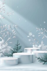 Blue winter podium background with tree and snow for product display presentation