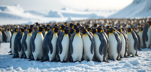 Obraz premium A majestic colony of Emperor Penguins, their tuxedo-like feathers glistening in the pale Antarctic sunlight, huddle together for warmth and comfort on a vast, windswept ice shelf.
