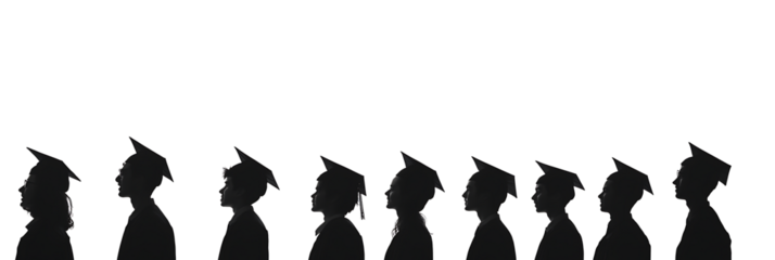 Silhouettes of diverse graduates wearing caps and gowns celebrating their academic achievement against isolated on white background.PNG