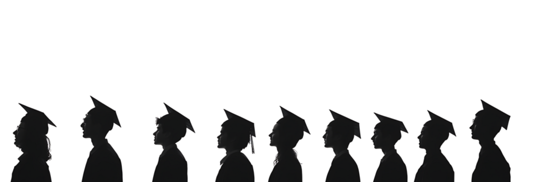 Silhouettes of diverse graduates wearing caps and gowns celebrating their academic achievement against isolated on white background.PNG