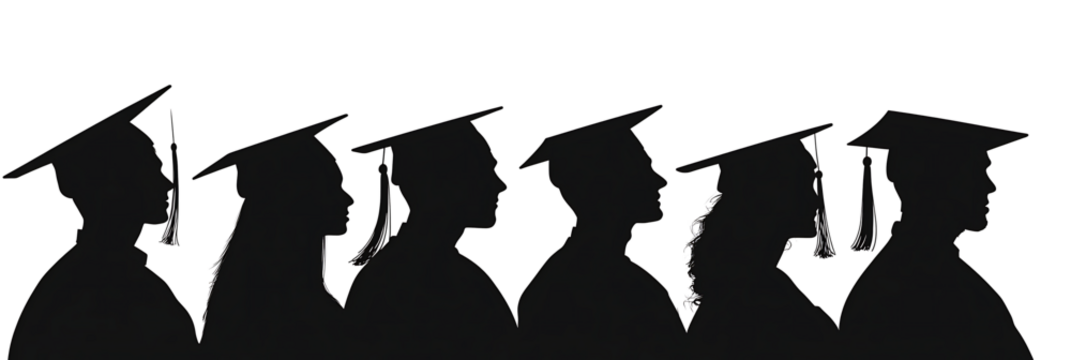 Silhouettes of diverse graduates wearing caps and gowns celebrating their academic achievement against isolated on white background.PNG