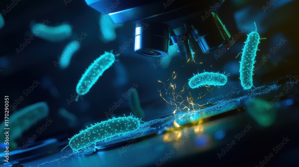 Poster exploring microbial activity under microscope laboratory scientific imagery dark environment close-u