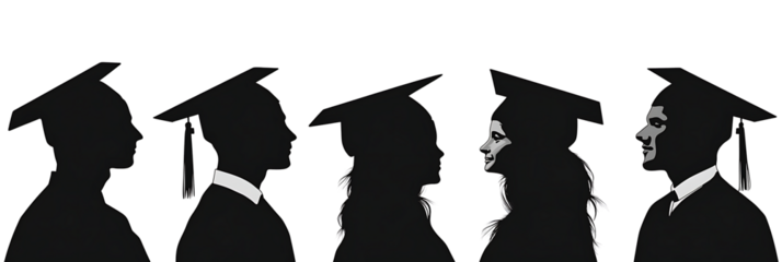 silhouettes of people wearing graduation caps and gowns. The silhouettes are of a man and a woman, isolated on white background.PNG