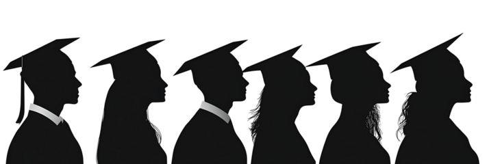 silhouettes of people wearing graduation caps and gowns. The silhouettes are of a man and a woman, isolated on white background.PNG