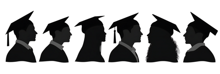 silhouettes of people wearing graduation caps and gowns. The silhouettes are of a man and a woman, isolated on white background.PNG