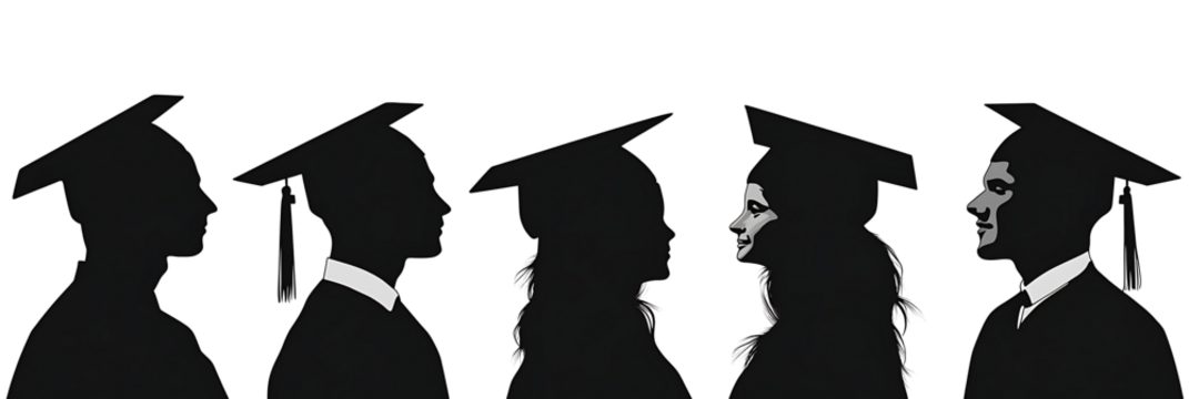 silhouettes of people wearing graduation caps and gowns. The silhouettes are of a man and a woman, isolated on white background.PNG