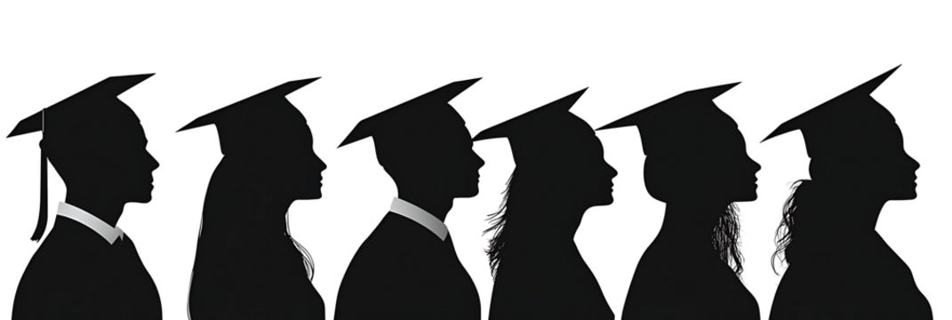 silhouettes of people wearing graduation caps and gowns. The silhouettes are of a man and a woman, isolated on white background.PNG