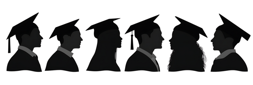 silhouettes of people wearing graduation caps and gowns. The silhouettes are of a man and a woman, isolated on white background.PNG