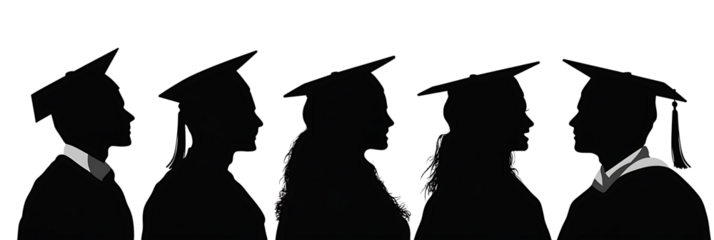 silhouettes of people wearing graduation caps and gowns. The silhouettes are of a man and a woman, isolated on white background.PNG