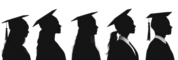 silhouettes of people wearing graduation caps and gowns. The silhouettes are of a man and a woman, isolated on white background.PNG