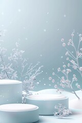 Blue winter podium background with tree and snow for product display presentation