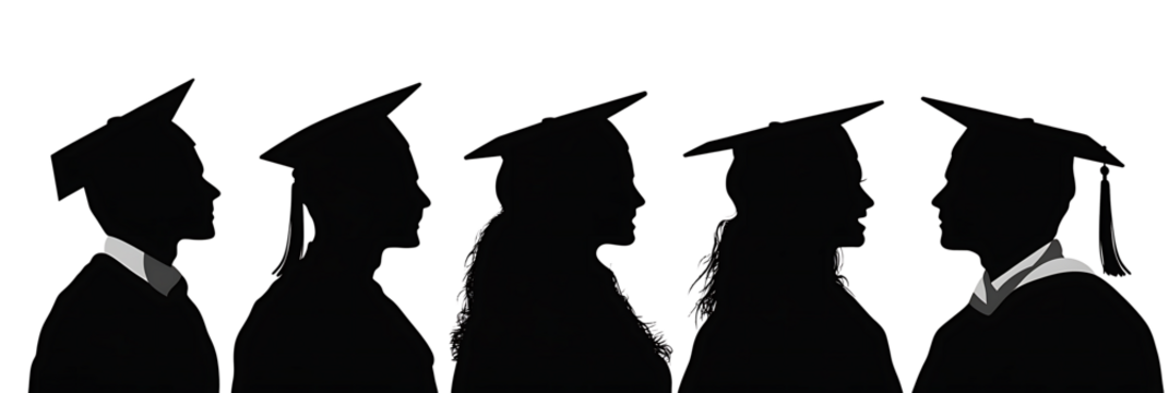 silhouettes of people wearing graduation caps and gowns. The silhouettes are of a man and a woman, isolated on white background.PNG