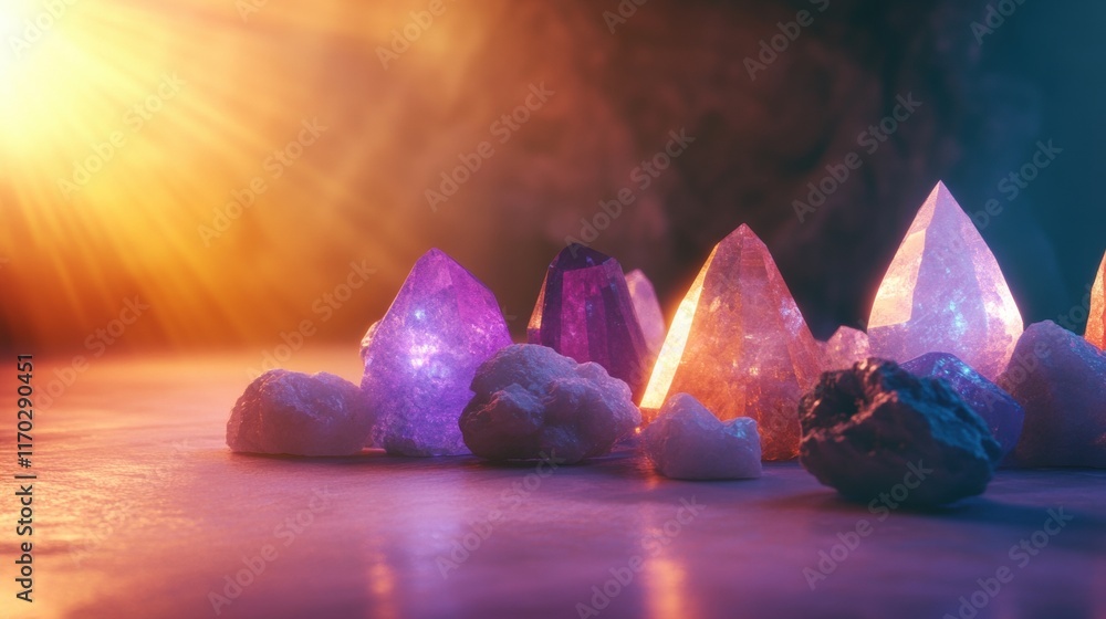 Poster captivating crystal collection displayed on table illuminated by warm light artistic close-up perspe