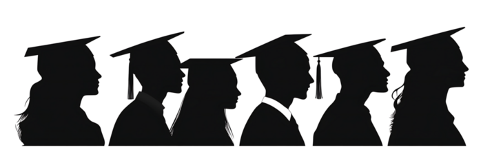 silhouettes of people wearing graduation caps and gowns. The silhouettes are of a man and a woman, isolated on white background.PNG