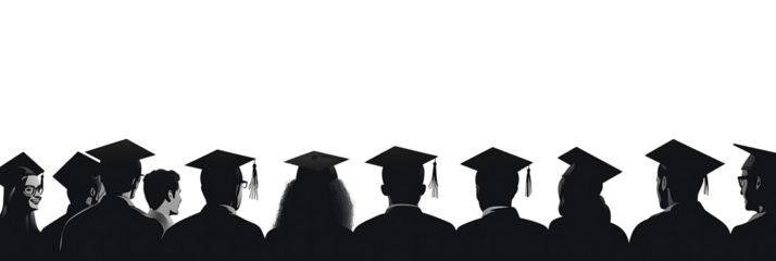 Silhouettes of people wearing graduation caps  isolated on white background.PNG