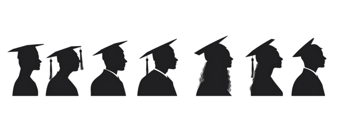 Silhouettes of people wearing graduation caps  isolated on white background.PNG