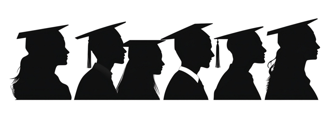 silhouettes of people wearing graduation caps and gowns. The silhouettes are of a man and a woman, isolated on white background.PNG - Powered by Adobe