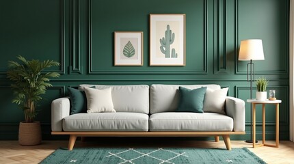 Modern Living Room with Green Wall, Marble Wooden Sofa, Grey Carpet, and Chic Decorative Details