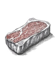 Hand-Drawn Illustration of a Raw Steak,  Detailed Line Art of Beef Cut