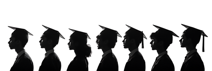 Silhouettes of people wearing graduation caps  isolated on white background.PNG