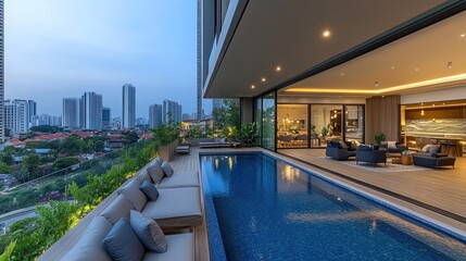 Obraz premium Luxury penthouse apartment with infinity pool overlooking city skyline at dusk.
