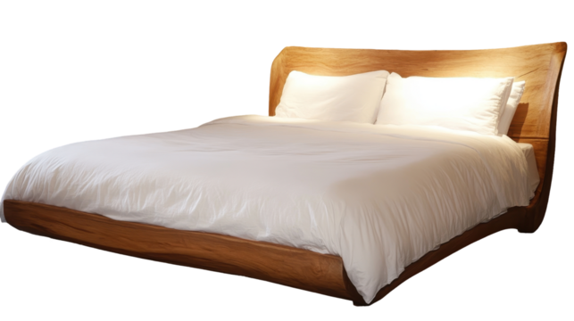 A stylish wooden bed with white bedding. transparent background