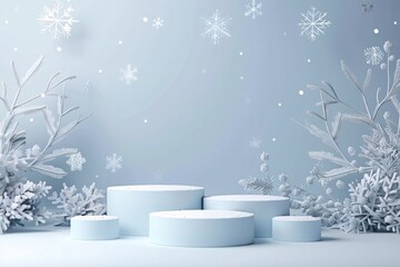 Blue winter podium background with tree and snow for product display presentation