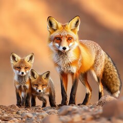 Obraz premium A fox showing her kits how to navigate a rocky hillside.