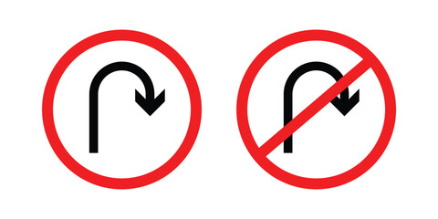 U turn right prohibited road sign, no right u turn allowed, move direction forbidden, red crossed circle vector pictogram in eps 10.