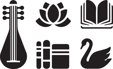 Minimalist Black Saraswati Puja Icon Set Featuring Veena, Lotus, and Swan