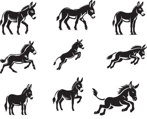 set of black and white angry donkey.