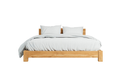 Cozy wooden bed with soft pillows and bedding transparent background
