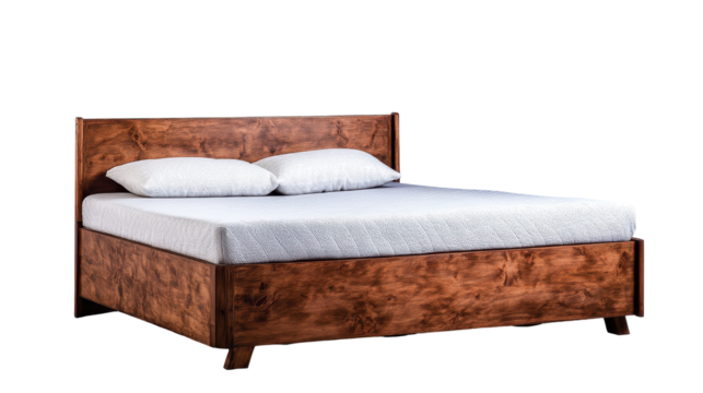 Cozy wooden bed with soft pillows and mattress. transparent background