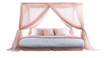 Elegant bed with soft drapes and pillows. transparent background