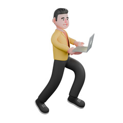 Designer Skills Set Characters 3D Model. A male designer set runs carrying a laptop with both hands. Cartoon Style