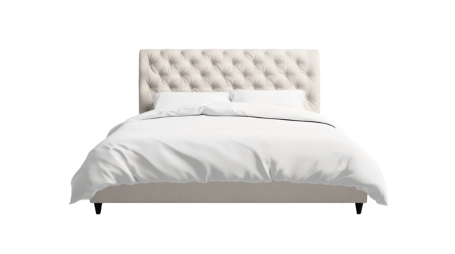Elegant bed with soft white bedding. transparent background