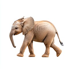 Obraz premium A playful young elephant walks gracefully, showcasing its distinctive features and charming demeanor against a plain background.