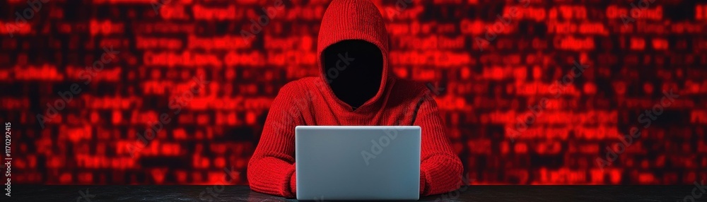 Poster a hooded figure sits before a laptop, surrounded by a red backdrop filled with digital code, evoking