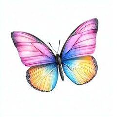 Obraz premium A vibrant, multi-colored butterfly with pink, blue, and orange wings displayed against a white background.