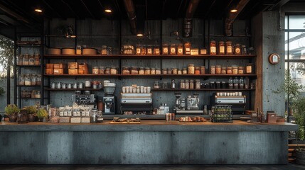 Industrial-chic cafe interior with coffee bar and shelves stocked with ingredients.