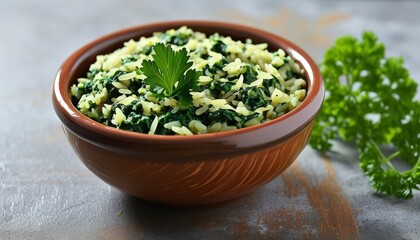 Delicious Spanakorizo with Spinach and Rice in a Rustic Bowl with Fresh Herbs