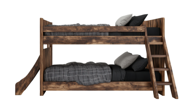 Stylish wooden bunk bed with a slide. transparent background