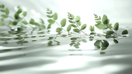 Green leaves floating gently on calm water