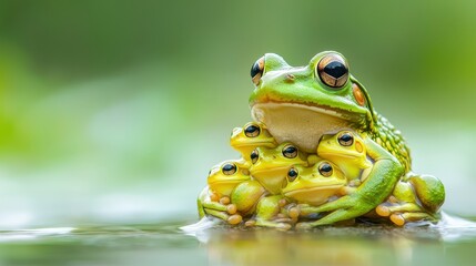A frog carrying her tadpoles in a shallow stream.