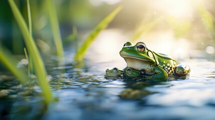 Obraz premium A frog carrying her tadpoles in a shallow stream.